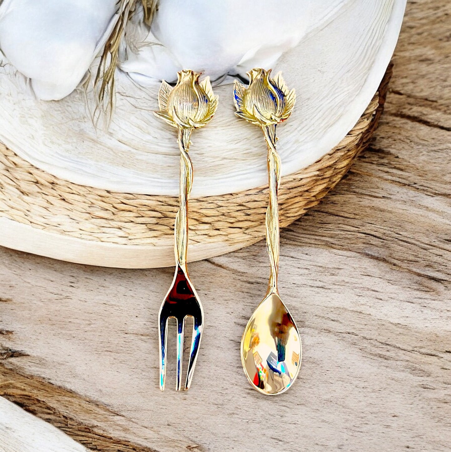 Set of Decorative Brass Tea Spoon and Fork