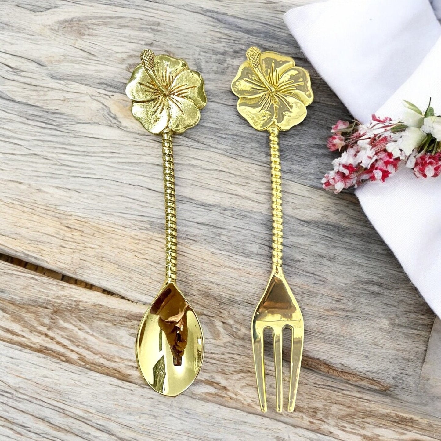 Set of Decorative Brass Tea Spoon and Fork
