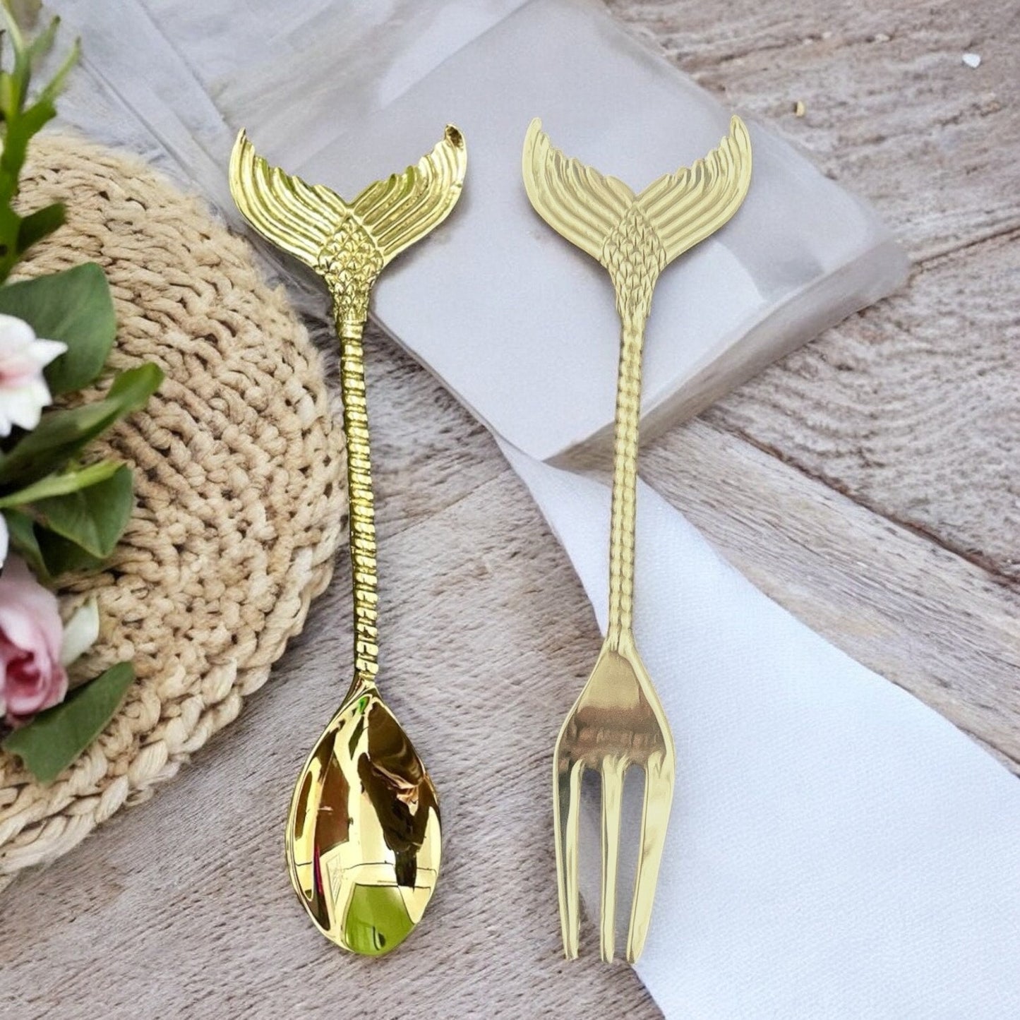 Set of Decorative Brass Tea Spoon and Fork