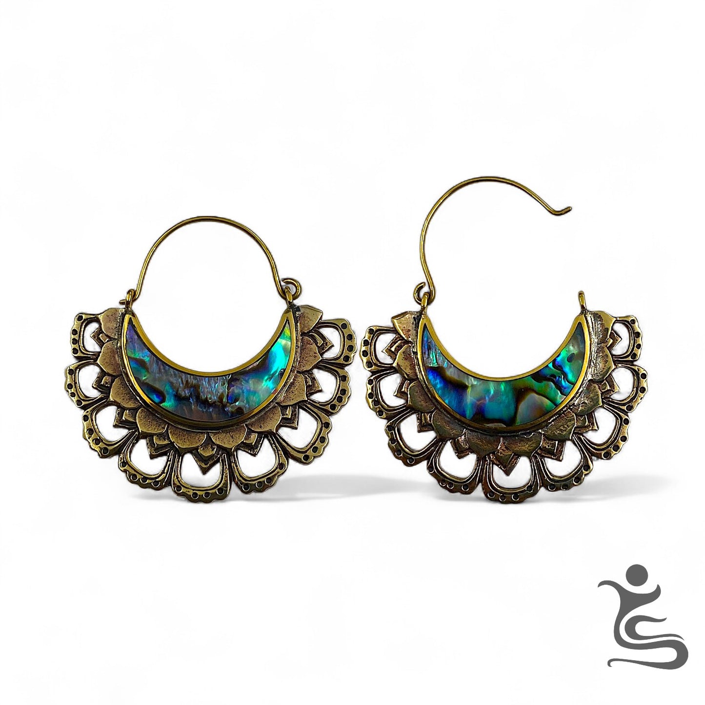 Aurora Crescent Brass Earrings – Iridescent Shell Inlay