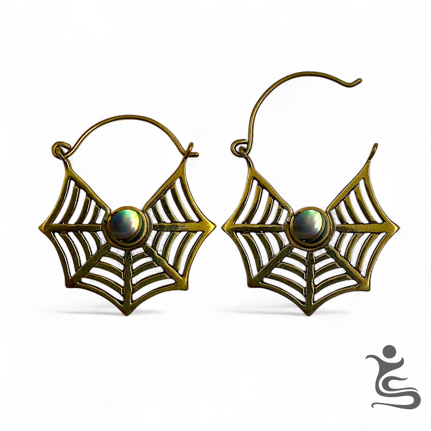 Brass Web Hoop Earrings with Iridescent Center Stone