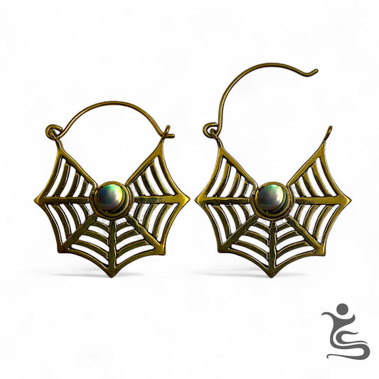 Brass Web Hoop Earrings with Iridescent Center Stone