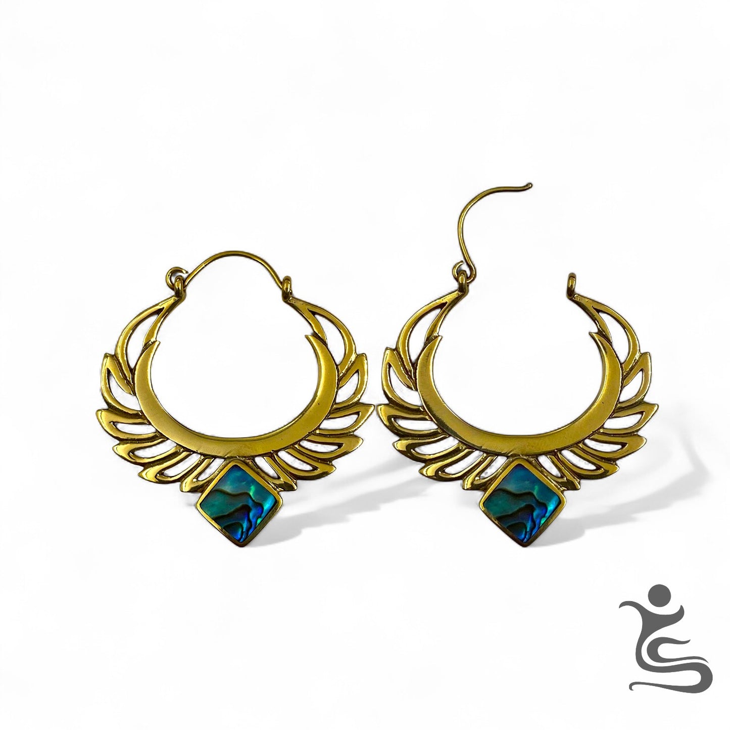 Brass Crescent Wing Earrings with Blue Abalone Stone – Ethnic Artistic Design