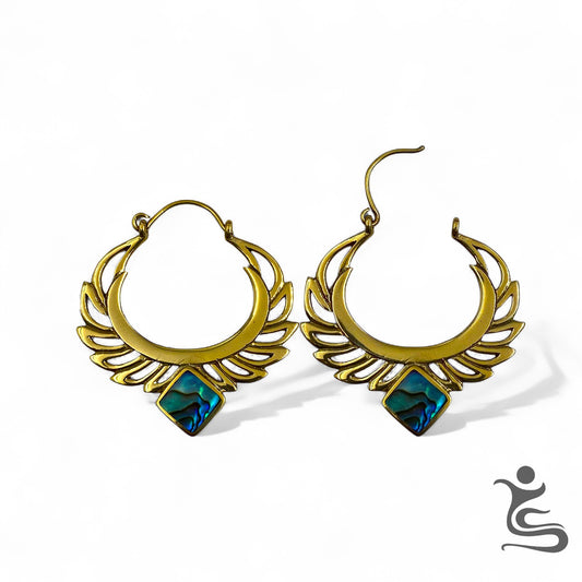 Brass Crescent Wing Earrings with Blue Abalone Stone – Ethnic Artistic Design