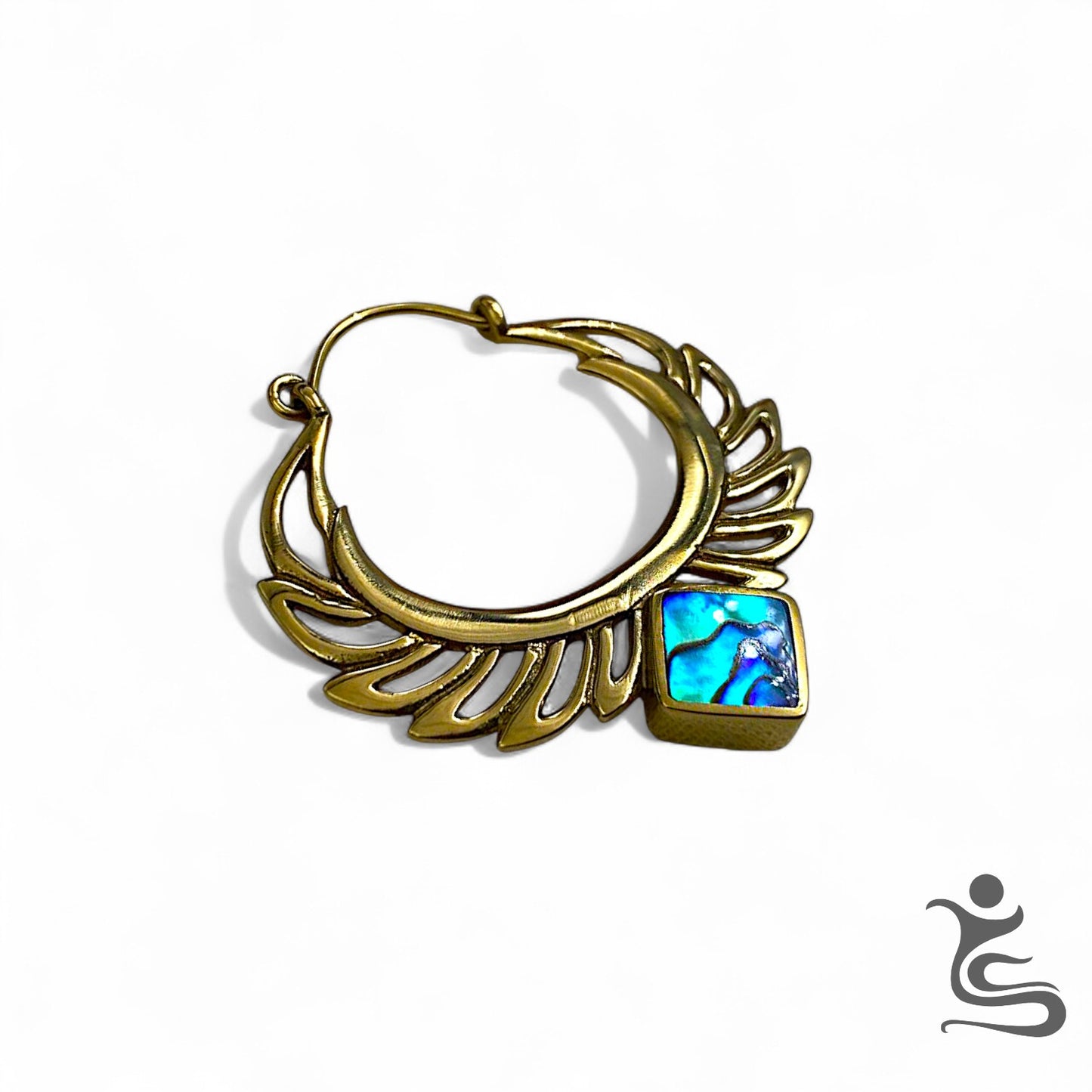 Brass Crescent Wing Earrings with Blue Abalone Stone – Ethnic Artistic Design
