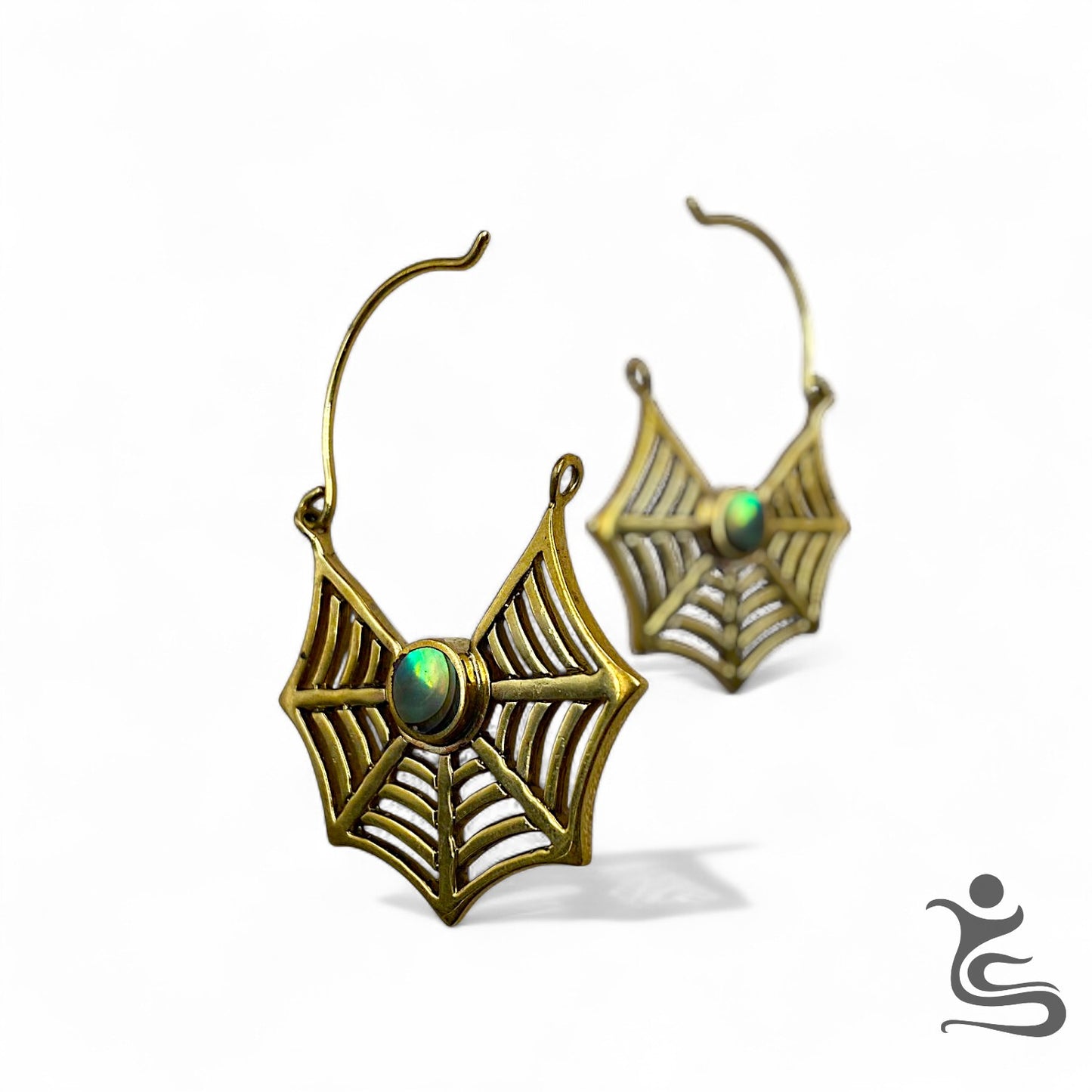 Brass Web Hoop Earrings with Iridescent Center Stone