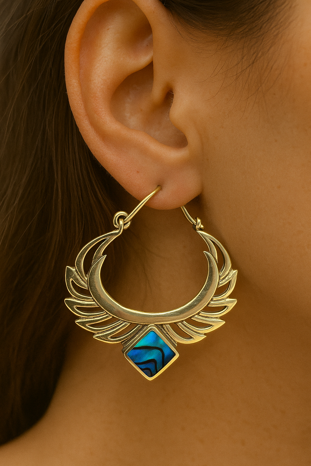 Brass Crescent Wing Earrings with Blue Abalone Stone – Ethnic Artistic Design