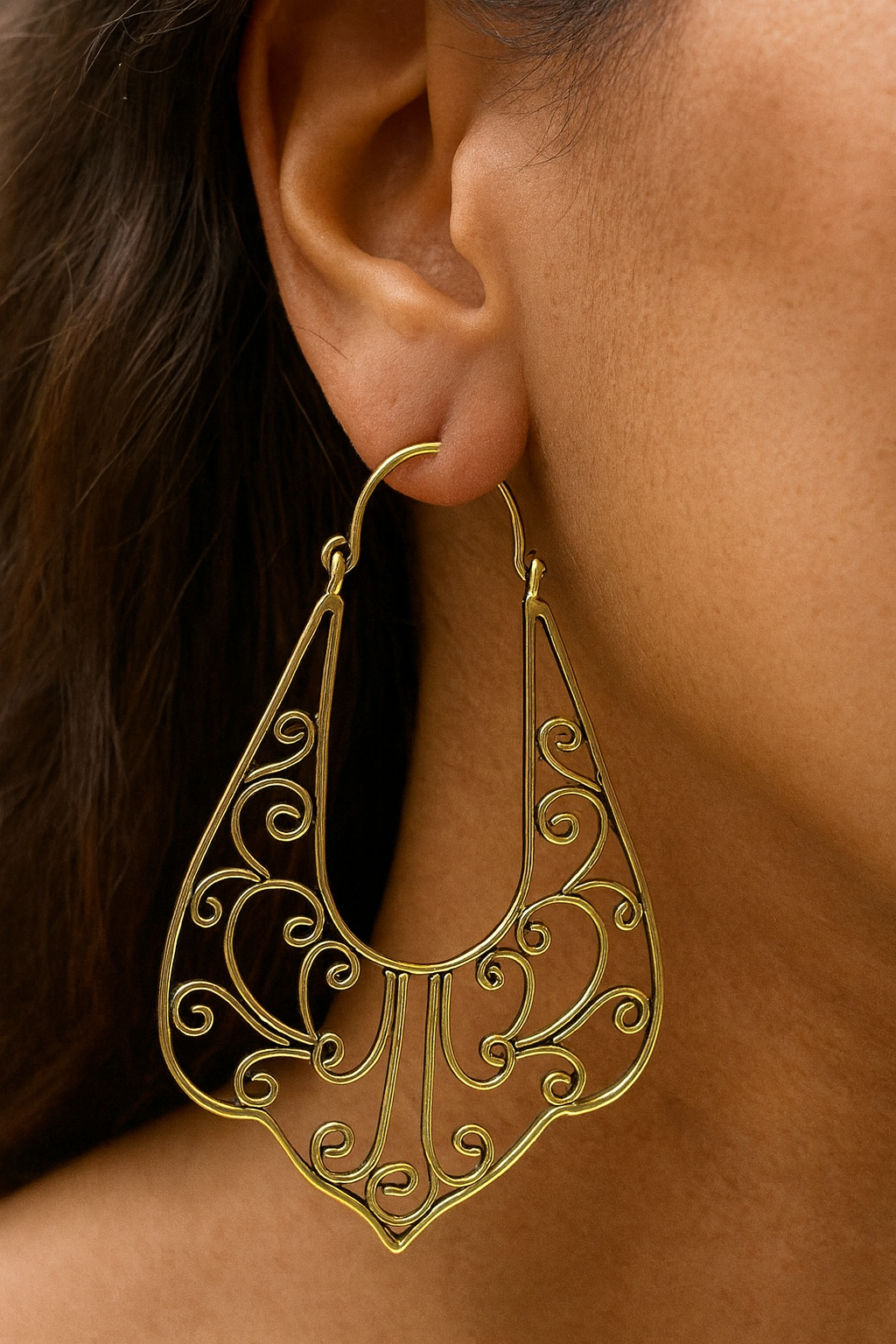 Bohemian Filigree Teardrop Brass Earrings – Handmade Swirl Dangle Design