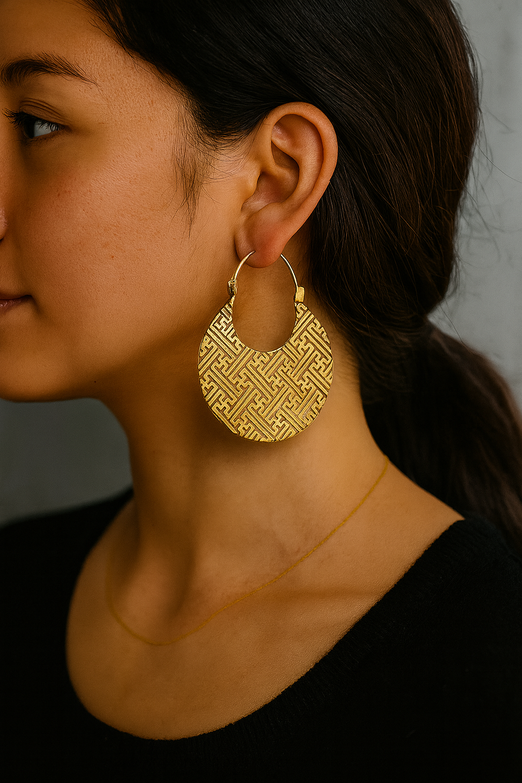 Geometric Brass Statement Earrings – Handcrafted Ethnic Pattern Hoop Design