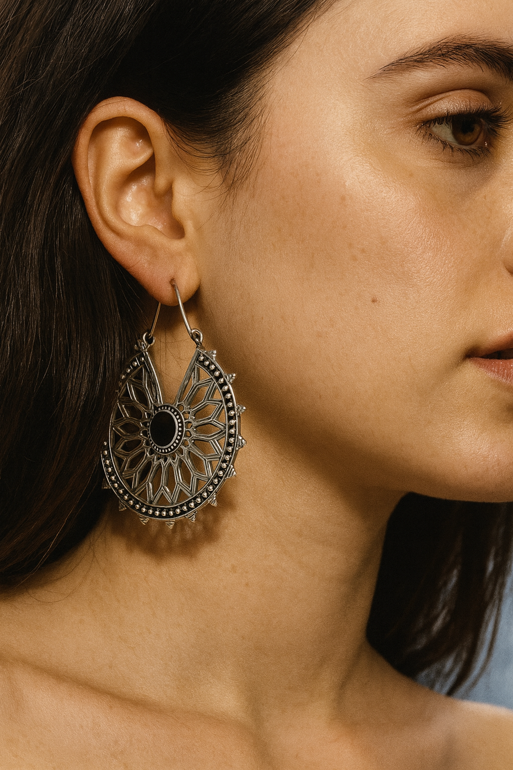 Mandala Brass Earrings – Black Stone Center