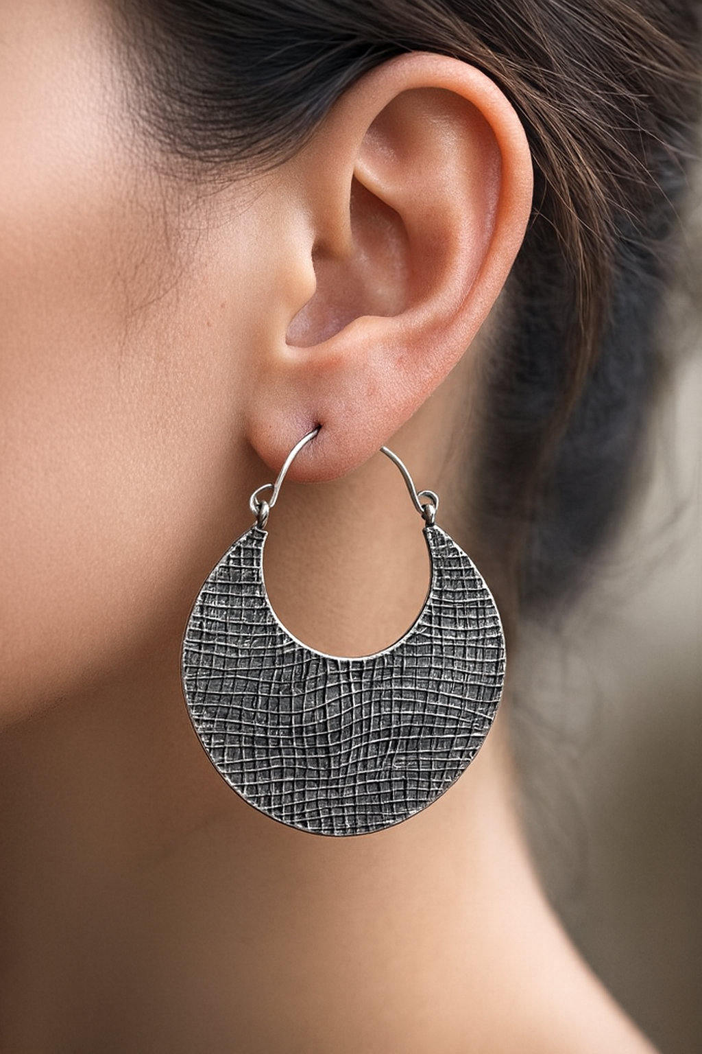 Textured Round Brass Earrings – Hammered Pattern Statement Hoops