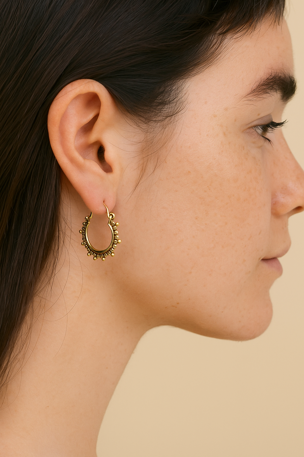 Classic Ethnic Brass Hoop Earrings – Detailed Beaded Ornamental Design
