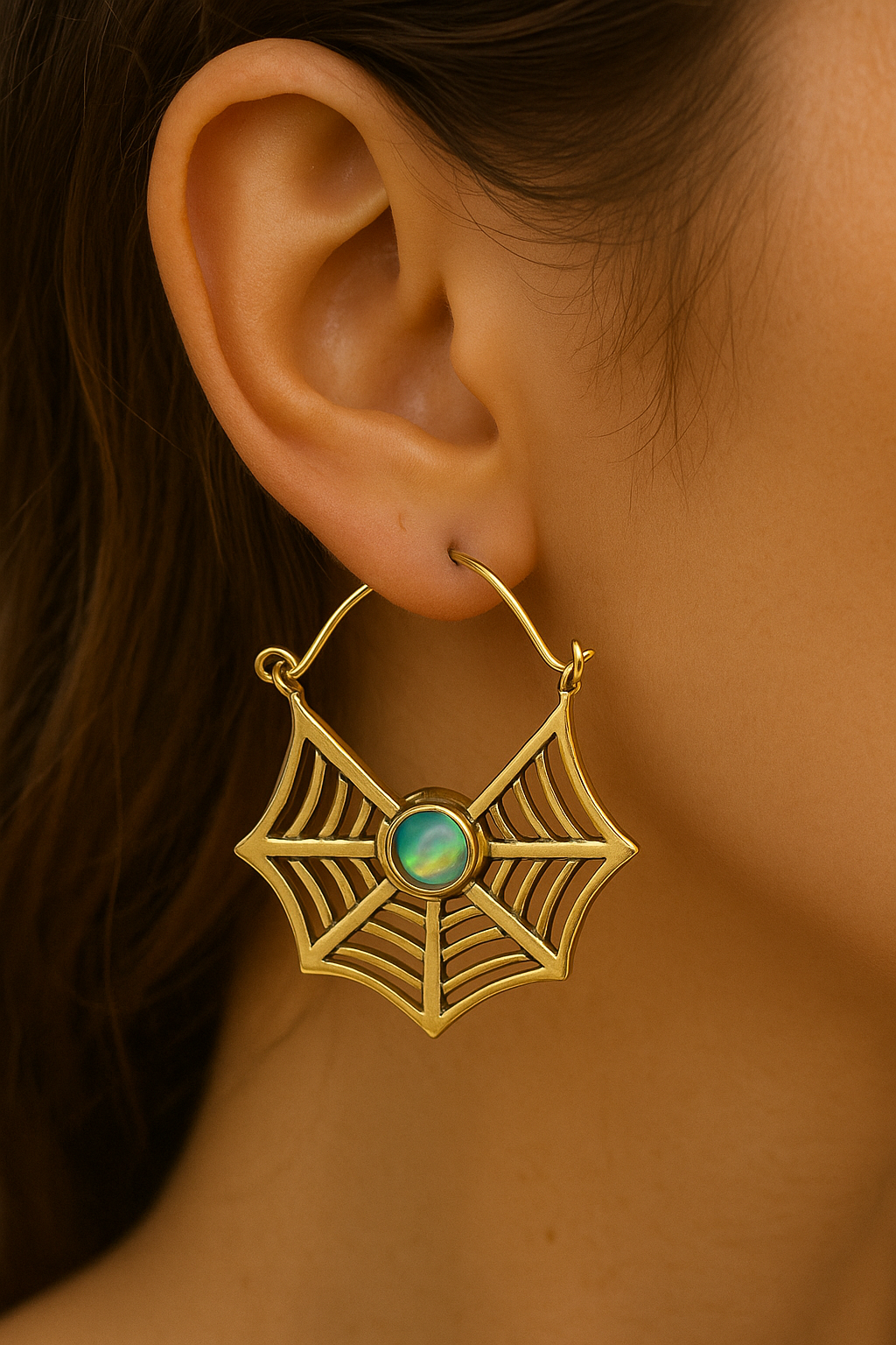Brass Web Hoop Earrings with Iridescent Center Stone