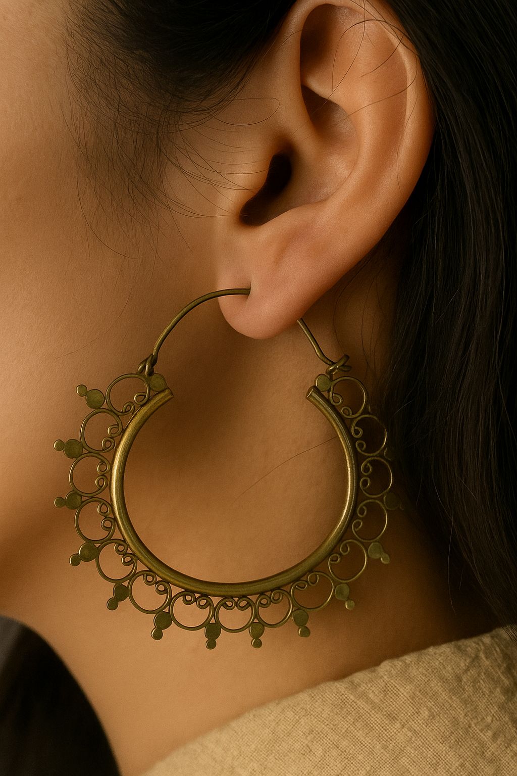 Artisan Brass Hoop Earrings – Intricate Filigree Boho Design, Lightweight & Stylish