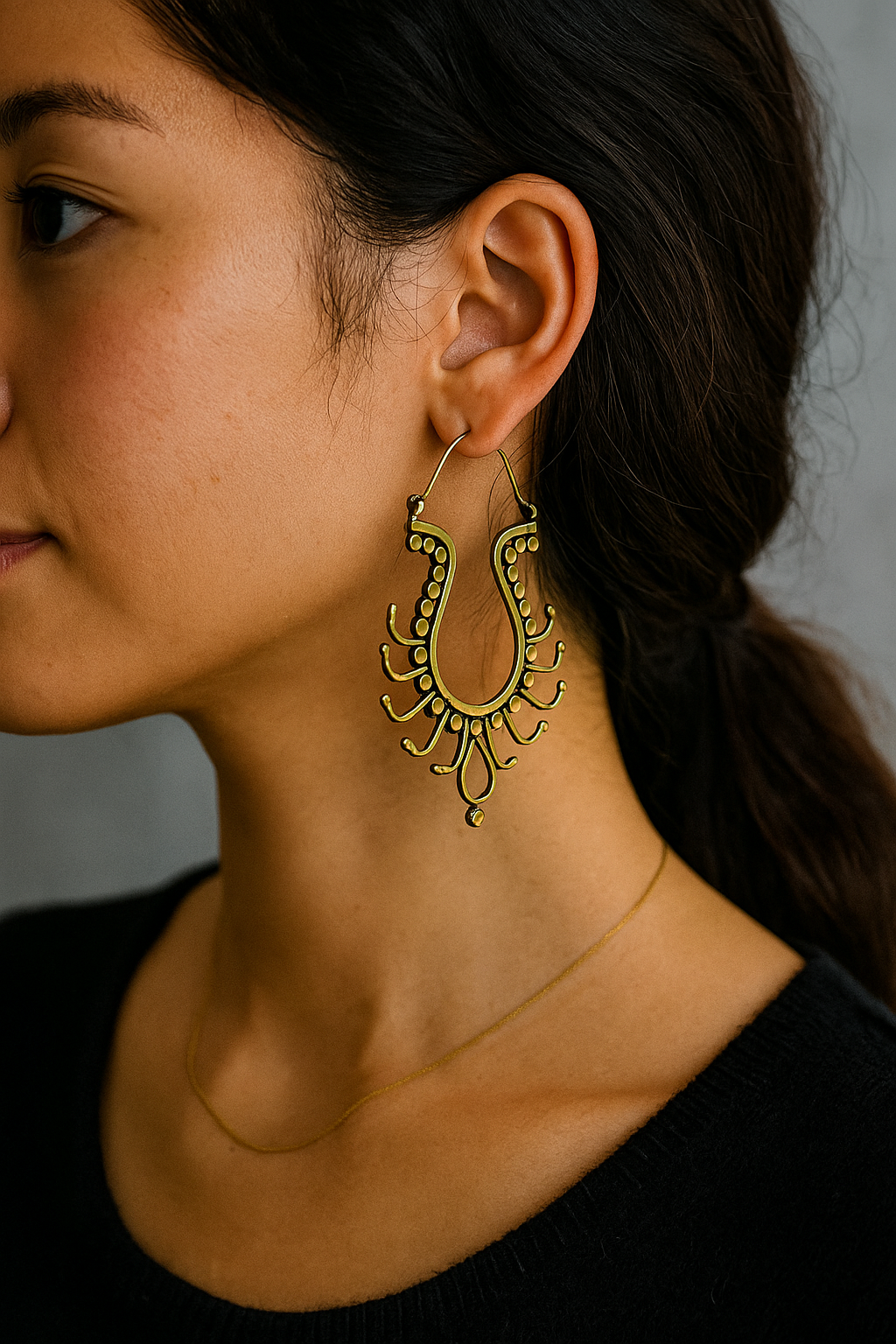 Luxe Brass Curve Filigree Earrings – Handcrafted Boho Statement Design