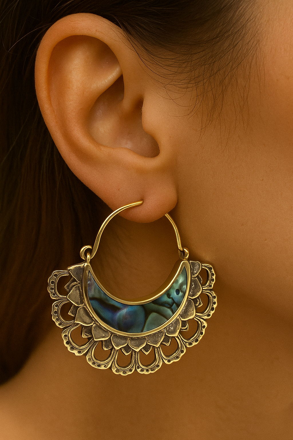 Aurora Crescent Brass Earrings – Iridescent Shell Inlay